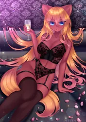 Size: 2504x3535 | Tagged: suggestive, artist:renari, derpibooru import, oc, oc:lucy, unofficial characters only, anthro, alcohol, breasts, butt, champagne, champagne glass, clothes, cute, image, jpeg, lingerie, sexy, socks, solo, stockings, tail, thigh highs, wine