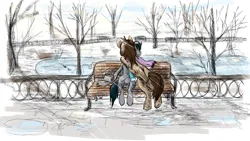 Size: 1920x1080 | Tagged: safe, artist:velvetrwings, derpibooru import, oc, unofficial characters only, earth pony, pegasus, pony, bench, clothes, hug, image, jpeg, lake, scarf, tree, water, winter