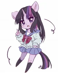 Size: 1477x1846 | Tagged: safe, artist:moh_mlp2, derpibooru import, twilight sparkle, anthro, chibi, clothes, female, horn, image, jpeg, looking at you, open mouth, simple background, skirt, socks, solo, stockings, thigh highs, white background