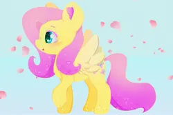 Size: 3000x2000 | Tagged: safe, alternate version, artist:zokkili, derpibooru import, fluttershy, pegasus, pony, blue background, cherry blossoms, colored eyelashes, ear fluff, ethereal mane, female, flower, flower blossom, heart, image, jpeg, mare, open mouth, profile, raised hoof, side view, simple background, solo, sparkles, spread wings, starry eyes, starry mane, wingding eyes, wings