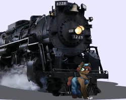 Size: 964x769 | Tagged: safe, artist:tyotheartist1, derpibooru import, oc, oc:smokebox soot, earth pony, pony, clothes, gift art, image, locomotive, overalls, png, railroad, steam locomotive, train