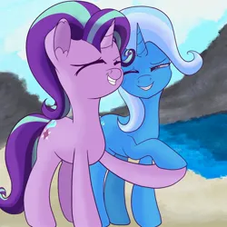 Size: 2000x2000 | Tagged: safe, artist:starfall119, derpibooru import, starlight glimmer, trixie, unicorn, hoof hold, hug, image, jpeg, shading, simple background