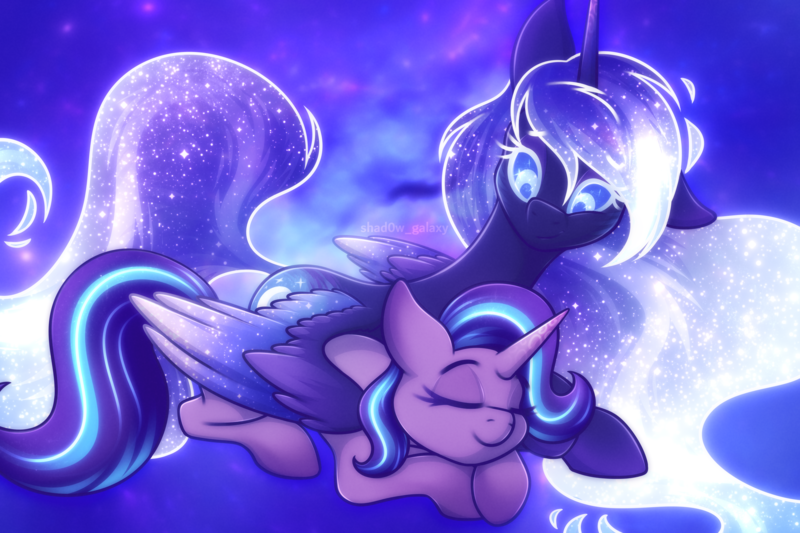 Size: 3000x2000 | Tagged: safe, artist:shad0w-galaxy, derpibooru import, princess luna, starlight glimmer, alicorn, pony, unicorn, alternate design, cuddling, cute, ethereal mane, ethereal tail, eyes closed, female, glow, glowing eyes, high res, hug, image, lesbian, lunabetes, mare, png, shipping, smiling, space, starluna, starry background, starry eyes, starry mane, starry wings, tail, wingding eyes, winghug, wings