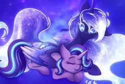 Size: 3000x2000 | Tagged: safe, artist:shad0w-galaxy, derpibooru import, princess luna, starlight glimmer, alicorn, pony, unicorn, alternate design, cuddling, cute, ethereal mane, ethereal tail, eyes closed, female, glow, glowing eyes, high res, hug, image, lesbian, lunabetes, mare, png, shipping, smiling, space, starluna, starry background, starry eyes, starry mane, starry wings, tail, wingding eyes, winghug, wings