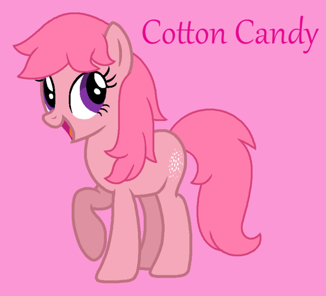 Size: 919x834 | Tagged: safe, artist:jigglewiggleinthepigglywiggle, derpibooru import, cotton candy (g1), earth pony, pony, base used, cottoncandybetes, cross-eyed, cute, female, full body, g1, g1 to g4, g4, generation leap, hooves, image, mare, open mouth, open smile, pink background, pink hair, pink mane, pink tail, pink text, png, purple eyes, raised hoof, raised leg, simple background, smiling, solo, standing, straight hair, straight mane, straight tail, tail, text