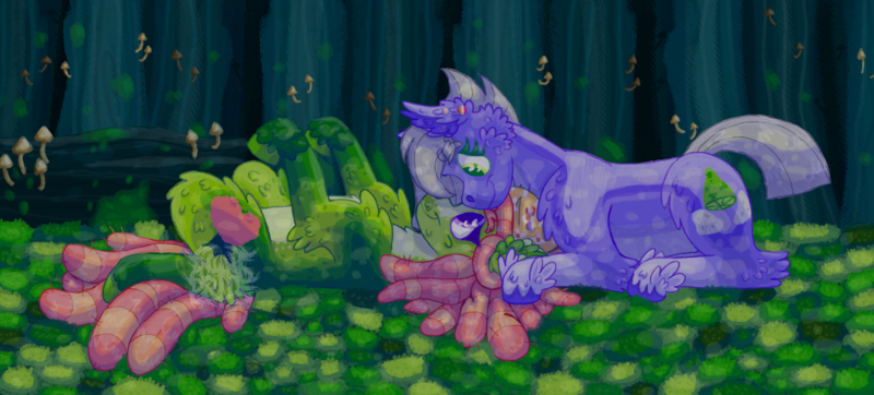 Size: 4200x1900 | Tagged: safe, artist:punkpride, limestone pie, tree hugger, earth pony, pony, alternate design, colored hooves, crack shipping, duo, ear fluff, ear piercing, female, forest, hoof fluff, image, lesbian, lesbian pride flag, limehugger, looking at each other, lying down, mare, moss, mushroom, nonbinary pride flag, piercing, png, pride, pride flag, scenery, shipping, smiling, smiling at each other, transgender pride flag, tree
