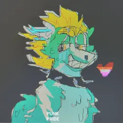 Size: 2252x2252 | Tagged: safe, artist:punkpride, lightning dust, pegasus, pony, alternate design, collar, female, gradient background, grin, image, jpeg, lesbian pride flag, mare, mouthpiece, pride, pride flag, sharp teeth, smiling, solo, spiked collar, teeth, twitterina design