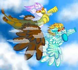 Size: 1900x1700 | Tagged: safe, artist:punkpride, gilda, lightning dust, gryphon, pegasus, pony, alternate design, cloud, duo, duo female, female, flying, image, looking at each other, mare, png, sky background