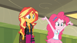Size: 520x293 | Tagged: safe, derpibooru import, screencap, pinkie pie, sunset shimmer, equestria girls, equestria girls series, sock it to me, spoiler:eqg series (season 2), animated, gif, hammerspace hair, image
