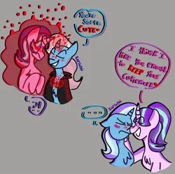 Size: 1010x1000 | Tagged: safe, artist:rubytherubi, derpibooru import, starlight glimmer, trixie, pony, unicorn, alicorn amulet, blushing, curved horn, dialogue, female, grin, horn, image, jpeg, lesbian, s5 starlight, shipping, smiling, startrix