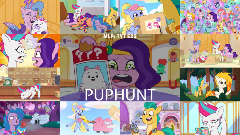 Size: 1972x1110 | Tagged: safe, derpibooru import, edit, edited screencap, editor:quoterific, screencap, cloudpuff, hitch trailblazer, izzy moonbow, pipp petals, queen haven, sunny starscout, zipp storm, dog, earth pony, pegasus, unicorn, my little pony: tell your tale, spoiler:g5, spoiler:my little pony: tell your tale, spoiler:tyts01e26, box, crown, fire, fireplace, g5, image, jewelry, mane five (g5), missing poster, mobile phone, package, phone, png, puphunt, regalia, sleeping, smartphone, unamused, winged dog, wings, zipp storm is not amused