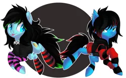 Size: 3200x2000 | Tagged: safe, artist:xvostik, derpibooru import, oc, oc:emo lad, oc:scene chick, unofficial characters only, earth pony, pony, :p, arm warmers, brother and sister, clothes, commission, duo, dyed mane, dyed tail, ear piercing, earring, emo, female, happy, hoodie, image, jewelry, leg band, lip piercing, male, mare, necklace, nose piercing, piercing, png, scene, shirt, siblings, simple background, socks, stallion, striped socks, t-shirt, tail, tongue out, white background, ych result