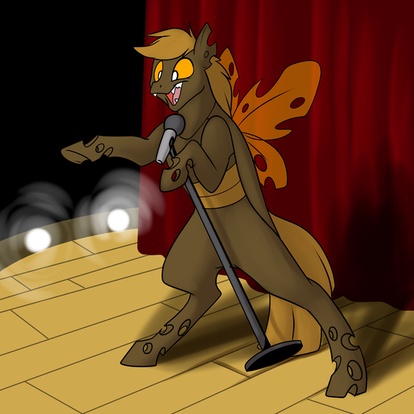 Size: 1000x1000 | Tagged: safe, artist:foxenawolf, derpibooru import, oc, changeling, fanfic:cosmic lotus, brown changeling, changeling oc, fanfic art, image, microphone, microphone stand, open mouth, png, solo