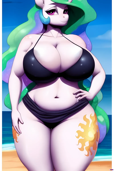 Size: 1024x1536 | Tagged: suggestive, derpibooru import, machine learning generated, princess celestia, alicorn, anthro, beach, belly button, big breasts, bikini, breasts, busty princess celestia, chubby, cleavage, clothes, ethereal mane, female, image, ocean, png, smiling, solo, solo female, stupid sexy celestia, swimsuit, thicc thighs, water