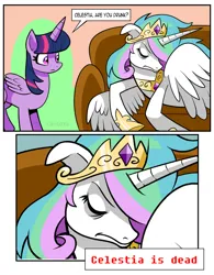 Size: 996x1280 | Tagged: semi-grimdark, artist:curtsibling, derpibooru import, princess celestia, twilight sparkle, twilight sparkle (alicorn), alicorn, caption, close-up, comic, couch, current events, dead, death, dialogue, dishevelled, eyes closed, floppy ears, image, jpeg, lying down, side, simple background, spread wings, text, wings, word balloon