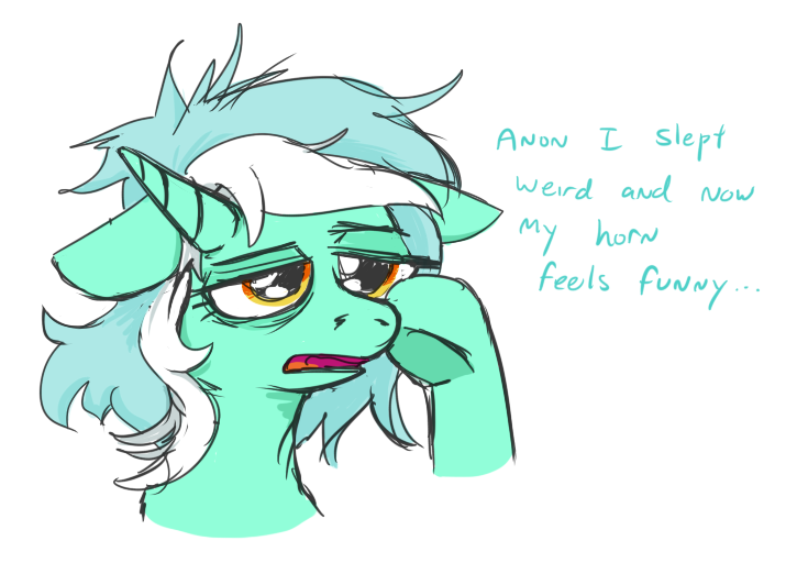 Size: 715x512 | Tagged: safe, artist:jargon scott, derpibooru import, lyra heartstrings, pony, unicorn, bags under eyes, bust, dialogue, female, floppy ears, horn, image, implied anon, mare, png, simple background, sleepy, solo, tired eyes, white background