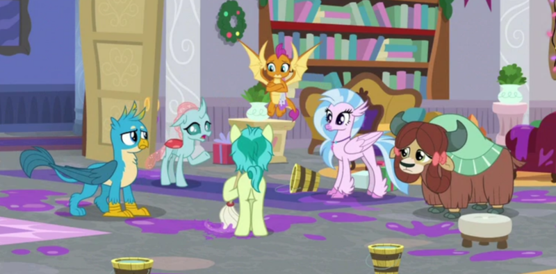 Size: 1491x737 | Tagged: safe, derpibooru import, screencap, gallus, ocellus, sandbar, silverstream, smolder, yona, changedling, changeling, classical hippogriff, dragon, earth pony, gryphon, hippogriff, pony, yak, the hearth's warming club, bow, butt, cloven hooves, colored hooves, cropped, hair bow, image, monkey swings, plot, png, student six