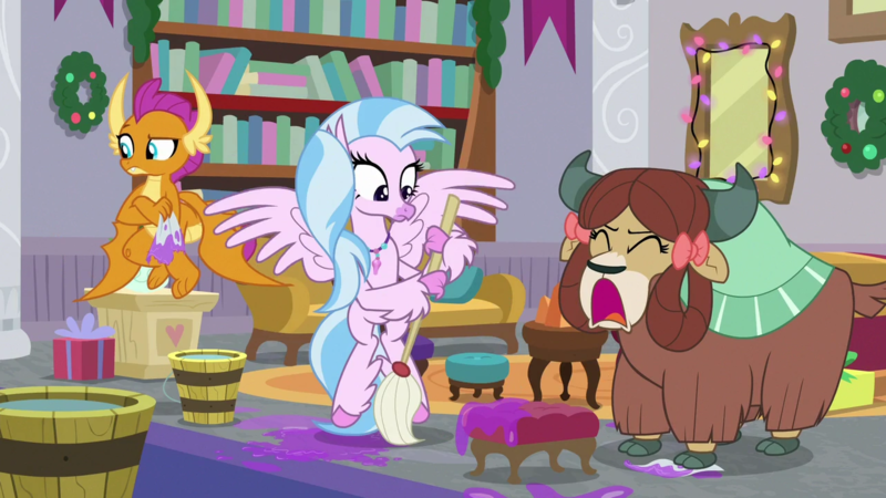 Size: 1279x719 | Tagged: safe, derpibooru import, screencap, silverstream, smolder, yona, classical hippogriff, dragon, hippogriff, yak, the hearth's warming club, bow, cloven hooves, colored hooves, crossed arms, hair bow, image, jewelry, monkey swings, necklace, open mouth, png, raised eyebrow, screaming, trio