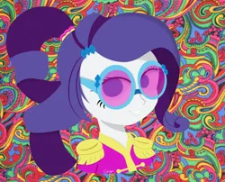 Size: 5810x4703 | Tagged: safe, artist:realgero, derpibooru import, rarity, equestria girls, friendship through the ages, alternate hairstyle, clothes, costume, female, glasses, image, png, psychedelic, solo, solo female