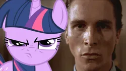 Size: 1280x720 | Tagged: safe, derpibooru import, screencap, twilight sparkle, human, pony, unicorn, american psycho, g4, i simply am not there, image, irl, looking, looking at you, murderer, patrick bateman, photo, png, pov: you murdered paul allen, stare, very nice luis