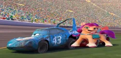 Size: 1205x580 | Tagged: safe, derpibooru import, sunny starscout, 1000 years in photoshop, car, damaged the king, disney cars, g5, image, png, the king