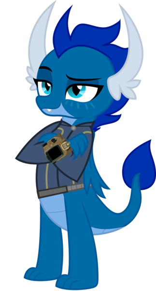 Size: 3000x5568 | Tagged: safe, artist:ponygamer2020, derpibooru import, oc, oc:cobalt the dragon, unofficial characters only, dragon, fallout equestria, clothes, crossed arms, dragoness, fallout, female, folded wings, horn, image, jumpsuit, male, pipboy, png, simple background, smiling, solo, tail, teenaged dragon, transparent background, vault suit, vector, wings