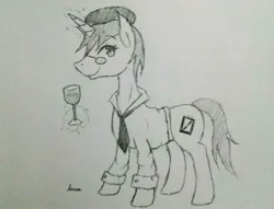 Size: 960x733 | Tagged: artist needed, safe, artist:schwarz, derpibooru import, oc, oc:schwarz, unicorn, clothes, glasses, hat, image, jpeg, traditional art