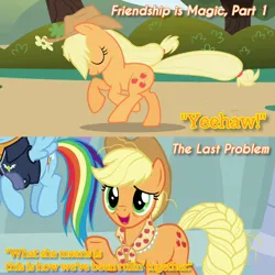 Size: 1920x1920 | Tagged: safe, derpibooru import, edit, edited screencap, editor:itsmgh1203, screencap, applejack, rainbow dash, earth pony, pegasus, pony, friendship is magic, season 1, season 9, the last problem, spoiler:s09, applejack's hat, cowboy hat, eyes closed, female, flying, hat, image, jpeg, mare, offscreen character, older, older applejack, older rainbow dash, solo focus, spread wings, text, wings