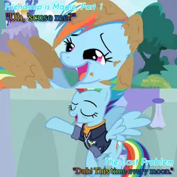 Size: 1920x1920 | Tagged: safe, derpibooru import, edit, edited screencap, editor:itsmgh1203, screencap, rainbow dash, pegasus, pony, friendship is magic, season 1, season 9, the last problem, spoiler:s09, eyes closed, female, flying, image, jpeg, mare, mud, older, older rainbow dash, open mouth, open smile, smiling, solo, spread wings, text, wings