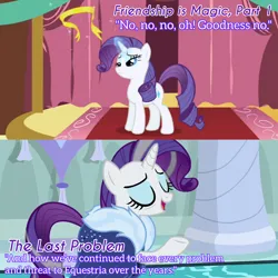 Size: 1920x1920 | Tagged: safe, derpibooru import, edit, edited screencap, editor:itsmgh1203, screencap, rarity, pony, unicorn, friendship is magic, season 1, season 9, the last problem, spoiler:s09, carousel boutique, eyes closed, female, image, jpeg, magic, mare, older, older rarity, open mouth, open smile, smiling, solo, telekinesis, text