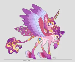 Size: 1920x1600 | Tagged: safe, artist:sakishithewolf, princess cadance, alicorn, pony, blue eyes, coat markings, colored hooves, colored wings, crown, feathered fetlocks, female, horn, horn jewelry, image, jewelry, jpeg, leonine tail, multicolored wings, necklace, peacock feathers, raised hoof, redesign, regalia, solo, standing, twitterina design, wings