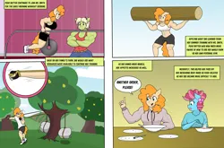 Size: 3931x2599 | Tagged: safe, artist:matchstickman, derpibooru import, cup cake, granny smith, pear butter, anthro, earth pony, pony, comic:the other side, abs, chiffon swirl, clothes, comic, female, food, image, log, mare, muscles, pear, pear tree, png, teenager, tree, workout, young granny smith, younger