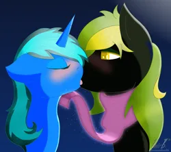 Size: 1250x1111 | Tagged: safe, artist:noir-b, derpibooru import, oc, oc:scroll finder, oc:vermont black, unofficial characters only, alicorn, earth pony, pony, blushing, clothes, commission, couple, cute, eyes closed, female, glow, image, kissing, lidded eyes, lifting chin, male, png, rule 63, scarf, simple background, straight