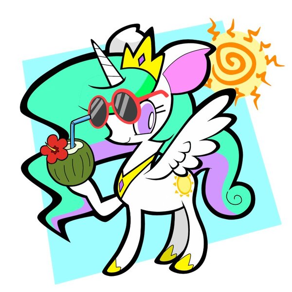 Size: 800x800 | Tagged: safe, artist:okojogairu, derpibooru import, princess celestia, alicorn, pony, abstract background, coconut, coconut cup, drink, drinking straw, food, horn, image, jewelry, jpeg, looking at you, raised hoof, regalia, simple background, spread wings, sun, sunglass, white background, wings