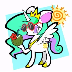 Size: 800x800 | Tagged: safe, artist:okojogairu, derpibooru import, princess celestia, alicorn, pony, abstract background, coconut, coconut cup, drink, drinking straw, food, horn, image, jewelry, jpeg, looking at you, raised hoof, regalia, simple background, spread wings, sun, sunglass, white background, wings