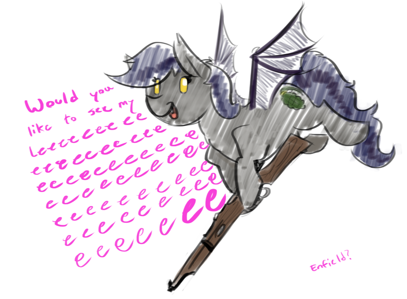 Size: 1094x804 | Tagged: safe, artist:testostepone, derpibooru import, oc, oc:firestarter, bat pony, colored sketch, dialogue, gun, image, png, shitposting, weapon