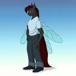 Size: 1000x1000 | Tagged: safe, artist:foxenawolf, derpibooru import, oc, unofficial characters only, anthro, changeling, fanfic:beginning anew, clothes, image, insect wings, male, png, solo, wings