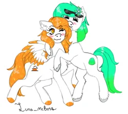 Size: 556x493 | Tagged: safe, artist:luna_mcboss, derpibooru import, oc, oc:gumdrop, oc:rising dawn, earth pony, pegasus, pony, blue mane, blushing, chest fluff, cute, duo, duo female, ear fluff, earth pony oc, feathered fetlocks, feathered wings, female, females only, flower, flower in hair, gradient mane, image, long hair, orange eyes, orange mane, pegasus oc, png, standing on two hooves, sunglasses, white coat, wholesome, wings