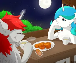 Size: 2400x2000 | Tagged: safe, artist:tx547, derpibooru import, oc, oc:ericken, oc:time slowly, unofficial characters only, alicorn, unicorn, alicorn oc, chest fluff, digital art, duo, food, glasses, horn, image, jpeg, magic, moon, night, telekinesis, unicorn oc, wings