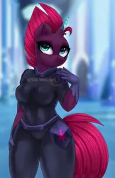 Size: 1294x2000 | Tagged: safe, artist:taiweiart, derpibooru import, tempest shadow, anthro, unicorn, breasts, busty tempest shadow, female, horn, image, jpeg, prosthetic horn, prosthetics, smiling, solo, tempest gets her horn back, watermark