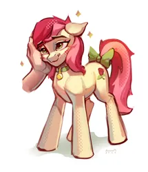 Size: 2280x2646 | Tagged: safe, artist:annna markarova, derpibooru import, roseluck, earth pony, pony, behaving like a cat, blushing, bow, collar, commission, commissioner:doom9454, cute, disembodied hand, hand, image, jpeg, pet tag, petting, pony pet, rosepet, simple background, smiling, tail, tail bow, white background