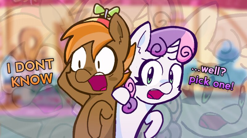 Size: 2048x1148 | Tagged: safe, artist:gobrosstar, derpibooru import, button mash, sweetie belle, earth pony, pony, unicorn, dialogue, image, jpeg, open mouth, zoom layer