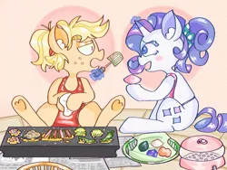 Size: 1024x768 | Tagged: safe, artist:reyam, derpibooru import, applejack, rarity, earth pony, pony, unicorn, alternate hairstyle, apron, blush sticker, blushing, clothes, cooking, duo, duo female, female, food, freckles, hatless, horn, image, jpeg, korean, looking at each other, looking at someone, magic, magic aura, mare, missing accessory, moon runes, open mouth, profile, sitting, spatula, spread wings, telekinesis, underhoof, wings