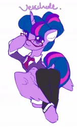 Size: 649x1068 | Tagged: safe, artist:tingsan, derpibooru import, twilight sparkle, twilight sparkle (alicorn), alicorn, pony, clothes, ears, ears up, female, flying, glasses, horn, image, jpeg, looking at you, looking back, looking back at you, mane, mare, pants, purple eyes, simple background, solo, spread wings, tail, white background, wings