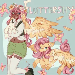 Size: 2048x2048 | Tagged: safe, artist:izzypaw, derpibooru import, fluttershy, butterfly, human, insect, pegasus, pony, rabbit, alternate hairstyle, animal, belly button, blackwashing, blushing, boots, clothes, cute, dark skin, duo, feather, female, floral head wreath, flower, grin, human ponidox, humanized, image, jpeg, mare, markings, midriff, nose piercing, nose ring, piercing, plushie, self paradox, self ponidox, shirt, shoes, shorts, shyabetes, smiling, twitterina design, unshorn fetlocks, vest, wing ears, winged humanization, wings