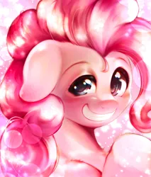 Size: 1744x2048 | Tagged: safe, artist:kurogewapony, derpibooru import, pinkie pie, earth pony, pony, abstract background, bust, female, floppy ears, grin, image, jpeg, looking at you, mare, pink background, portrait, simple background, smiling, smiling at you, solo