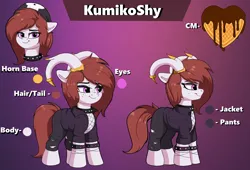 Size: 4152x2825 | Tagged: safe, artist:joaothejohn, derpibooru import, oc, oc:kumikoshy, earth pony, pony, clothes, commission, cute, floppy ears, horn, image, looking at you, png, reference sheet, simple background, text