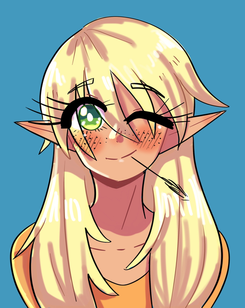 Size: 1750x2198 | Tagged: safe, artist:ashes-arts, artist:mylittleyuri, derpibooru import, applejack, human, alternate hairstyle, blue background, blushing, clothes, cute, elf ears, eye clipping through hair, female, freckles, humanized, image, jackabetes, one eye closed, png, shirt, simple background, solo, straw in mouth, wink
