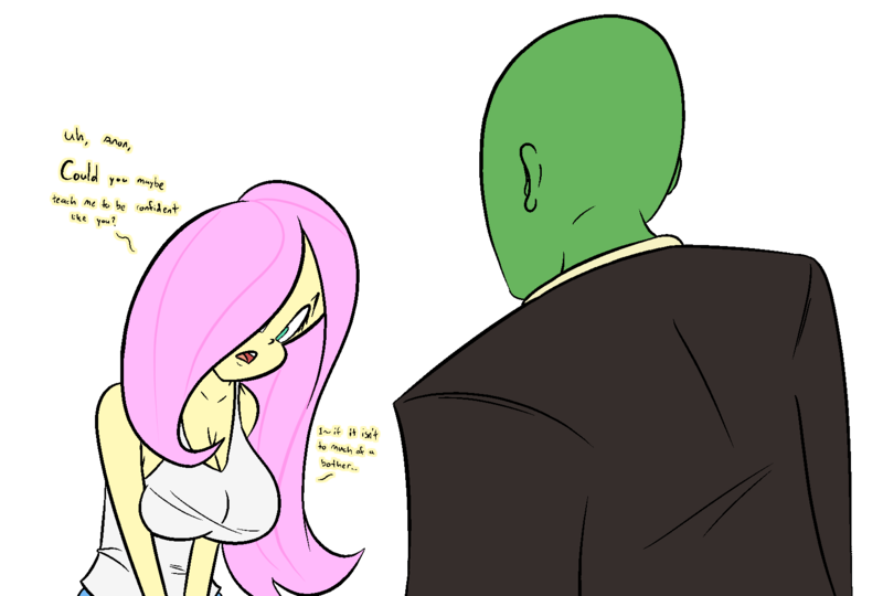 Size: 1599x1080 | Tagged: safe, artist:happy harvey, derpibooru import, fluttershy, oc, oc:anon, human, equestria girls, away from viewer, big breasts, breasts, busty fluttershy, cleavage, clothes, colored pupils, dialogue, drawn on phone, female, hands together, huge breasts, image, looking away, looking down, male, nervous, png, simple background, tanktop, transparent background