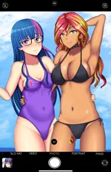 Size: 900x1400 | Tagged: suggestive, artist:binrouya2021, derpibooru import, kotobukiya, sci-twi, sunset shimmer, twilight sparkle, human, equestria girls, alternative cutie mark placement, bikini, blushing, clothes, human coloration, image, inner thigh cutie mark, kotobukiya sunset shimmer, one-piece swimsuit, picture, png, selfie, smiling, swimsuit